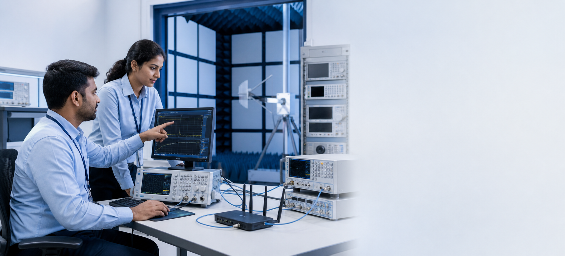 Engineers performing RF testing in a telecom certification laboratory